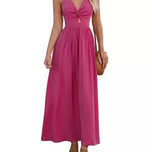 Cupshe Pink Maxi Sundress with Sleeveless Halter Neckline for Wedding Guest
